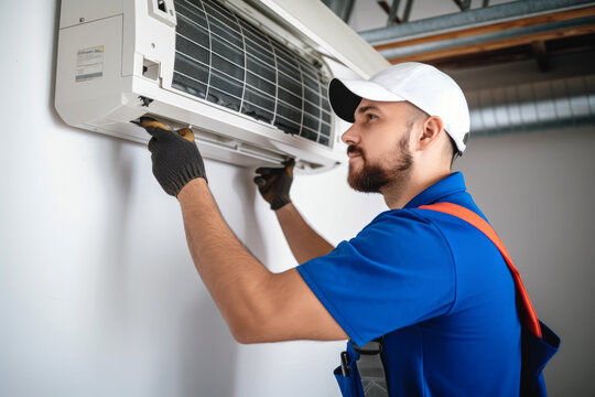 HVAC technician installing a mini split air conditioner in Cerritos