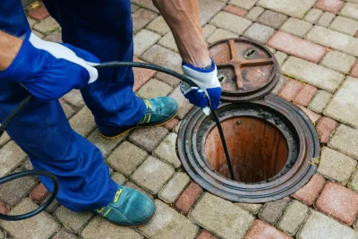 Plumber cleaning an outdoor sewer drain in Cerritos