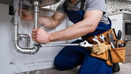 Plumber repairing pipes beneath a sink in Cerritos